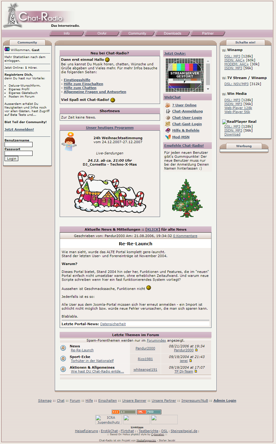 Chat-Radio Screenshot der Startseite aus 2007